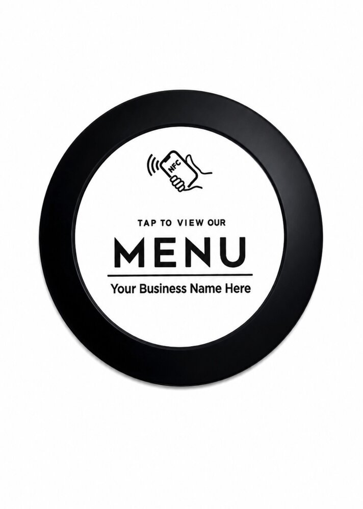 Flowlocal custom menu NFC card, a black circular design reading 'Tap to view our menu' with a customizable business name