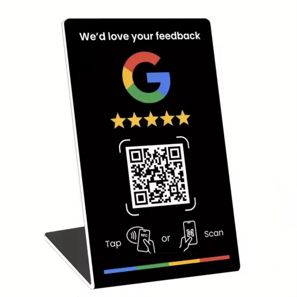 Flowlocal NFC review card stand, showing a Google review prompt with a QR code and tap-or-scan instructions